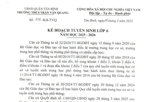 Kế hoạch số 178/KH-TVQ ngày 15 tháng 5 năm 2025 của Trường THCS Trần Văn Quang về Tuyển sinh lớp 6 năm học 2025-2026