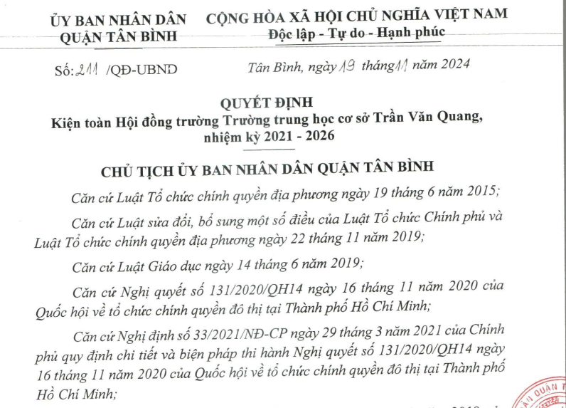 Quyết định về Kiện toàn Hội đồng trường Trường THCS Trần Văn Quang - Nhiệm kỳ 2021-2026