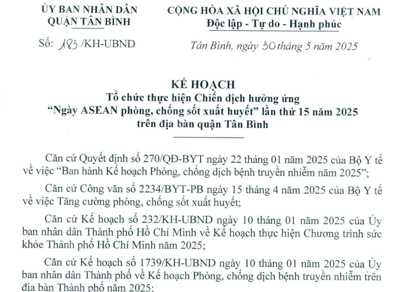 Về Tổ chức thực hiện Chiến dịch hưởng ứng  Ngày ASEAN phòng, chống Sốt xuất huyết  lần thứ 15 năm 2025 trên địa bàn quận Tân Bình