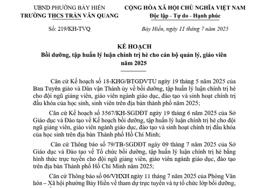 Kế hoạch số 219/KH-TVQ về bồi dưỡng, tập huấn lý lịch chính trị hè cho cán bộ quản lý, giáo viên năm 2025