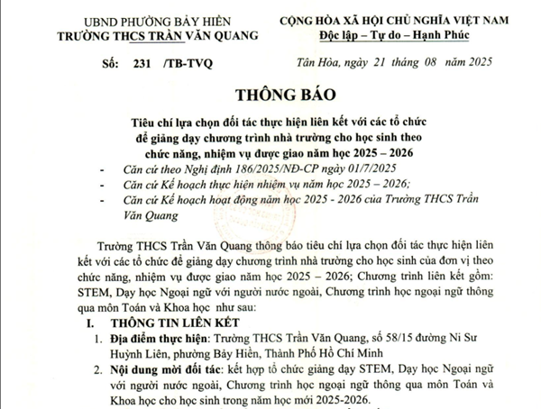 Thông báo về tiêu chí lựa chọn đối tác thực hiện liên kết với các tổ chức để giảng dạy chương trình nhà trường cho học sinh theo chức năng, nhiệm vụ được giao năm học 2025-2026