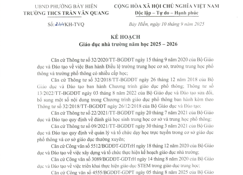 Kế hoạch giáo dục nhà trường Năm học 2025-2026