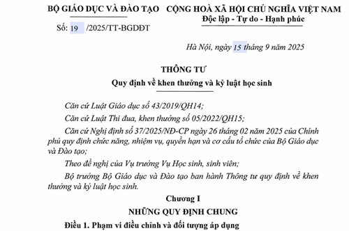 Thông tư số 19/2025/TT-BGDĐT ngày 15 tháng 9 năm 2025 của Bộ Giáo dục và Đào tạo Quy định về khen thưởng và kỷ luật học sinh