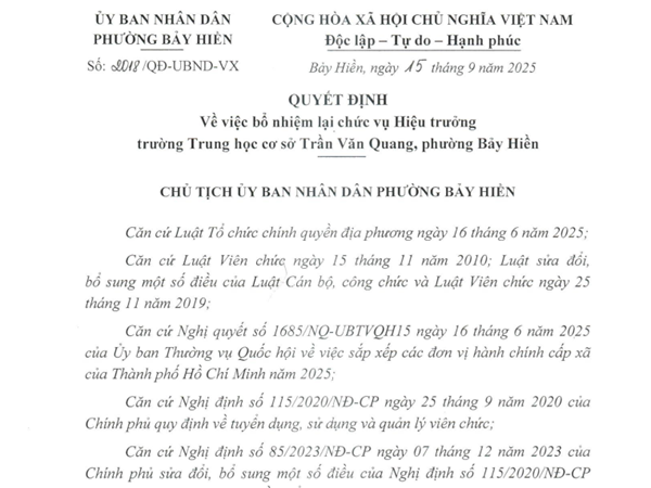 Quyết định số 2018/QĐ-UBND-VX ngày 15 tháng 9 năm 2025 của Ủy ban Nhân dân Phường Bảy Hiền về việc bổ nhiệm lại chức vụ Hiệu trưởng trường THCS Trần Văn Quang Phường Bảy Hiền