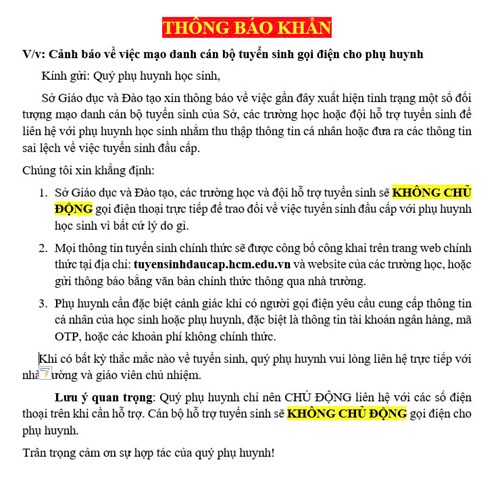 Cảnh báo về việc mạo danh cán bộ tuyển sinh gọi điện cho phụ huynh học sinh