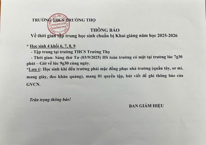 Thông báo về thời gian tập trung học sinh chuẩn bị khai giảng năm học 2025-2026
