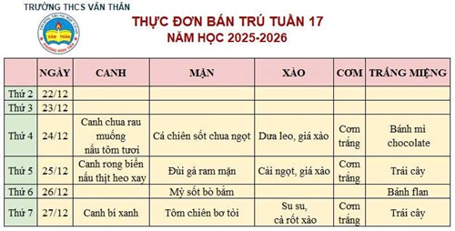 Thực đơn bán trú Tuần 17 NH 2025-2026
