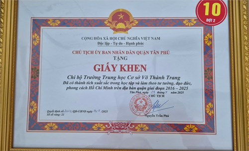 Chúc mừng chi Bộ trường THCS Võ Thành Trang nhận khen thưởng cấp Quận