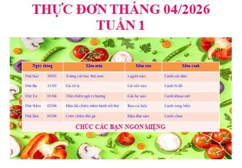 Thực đơn bán trú tuần 1 tháng 4.2026