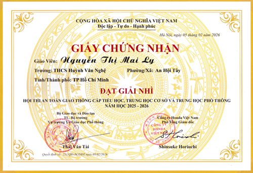 Cô Nguyễn Thị Mai Ly, đạt giải Nhì trong Hội thi  An toàn giao thông cấp Tiểu học, Trung học cơ sở và Trung học phổ thông  cấp Quốc gia năm học 2025-2026 theo Quyết định số: 251/QĐ-BGDĐT ký ngày 05/02/2026
