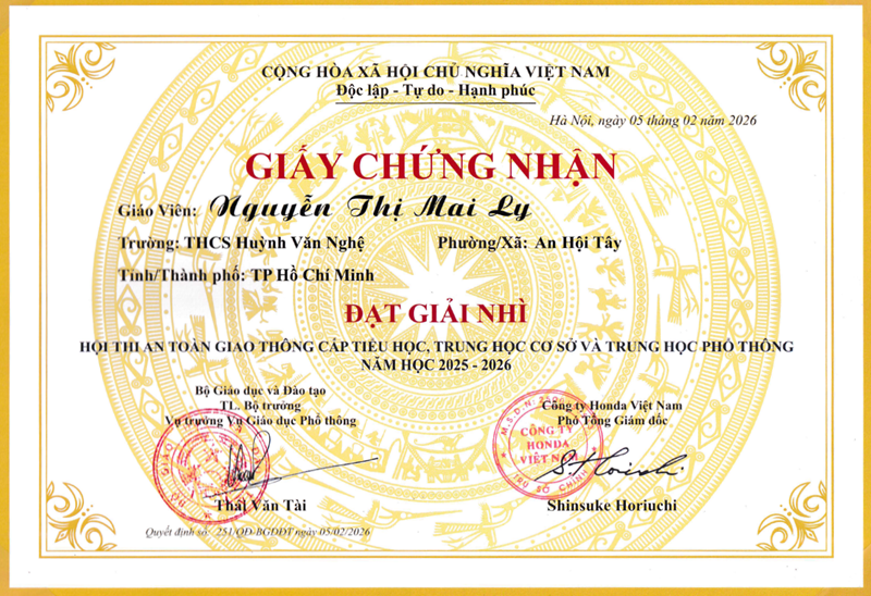 Cô Nguyễn Thị Mai Ly, đạt giải Nhì trong Hội thi  An toàn giao thông cấp Tiểu học, Trung học cơ sở và Trung học phổ thông  cấp Quốc gia năm học 2025-2026 theo Quyết định số: 251/QĐ-BGDĐT ký ngày 05/02/2026