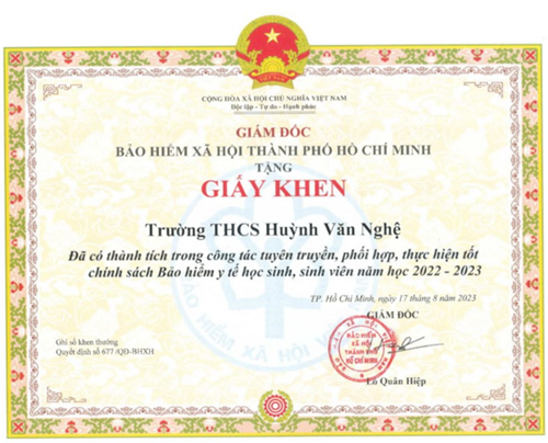 Trường Trung học cơ sở Huỳnh Văn Nghệ được Giám đốc Bảo hiểm xã hội Thành phố Hồ Chí Minh tặng giấy khen vì  Đã có thành tích trong công tác tuyên truyền, phối hợp, thực hiện tốt chính sách Bảo hiểm y tế học sinh, sinh viên năm học 2022-2023  theo Quyết định số: 677/QĐ-BHXH ký ngày 17/08/2022