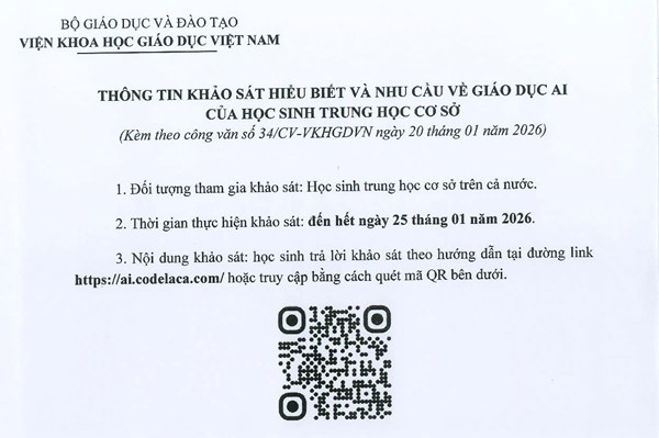 THÔNG BÁO Về việc tham gia khảo sát “Hiểu biết và nhu cầu về giáo dục AI của học sinh THCS”