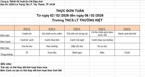 Thực đơn bán trú tuần 22 (từ 02/02 - 09/02)