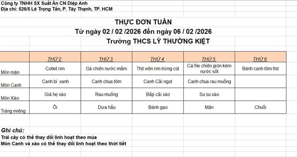 Thực đơn bán trú tuần 22 (từ 02/02 - 09/02)