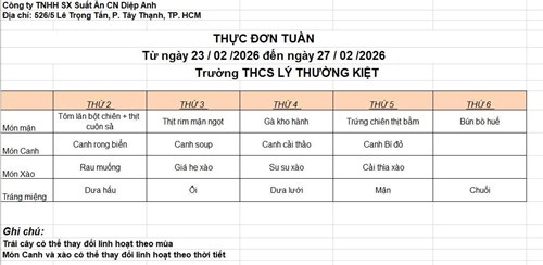 Thực đơn bán trú tuần 23 (từ 23/02 - 27/02)