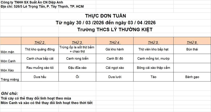 Thực đơn bán trú từ 30/3 đến 03/4/2026