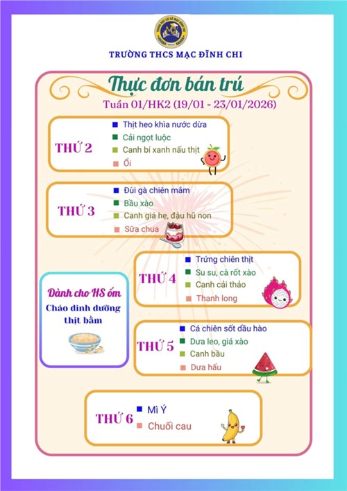 Thực đơn bán trú tuần 01- HK2 (19/01/2026 - 23/01/2026)