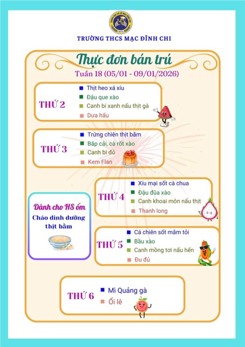Thực đơn bán trú tuần 18 (05/01/2026 - 09/01/2026)