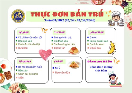Thực đơn bán trú tuần 5 - HK2 (23/02/2026 - 27/02/2026)