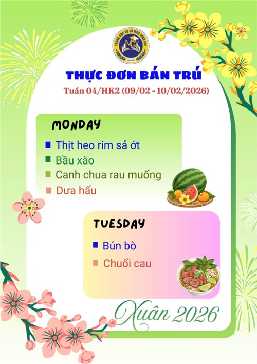 Thực đơn bán trú tuần 4 - HK2 (09/02/2026 - 10/02/2026)