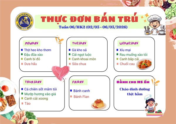 Thực đơn bán trú tuần 6 - HK2 (2/3/2026 - 6/3/2026)