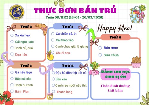 Thực đơn bán trú tuần 8 - HK2 (16/03/2026 - 21/03/2026)