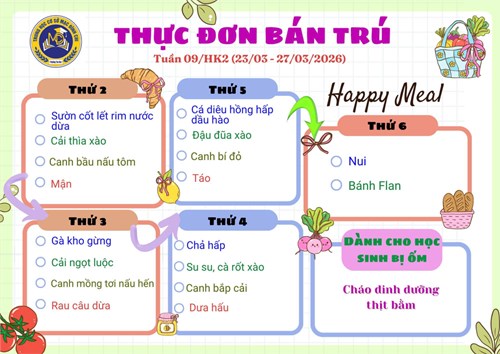 Thực đơn bán trú tuần 9 - HK2 (23/03/2026 - 27/03/2026)