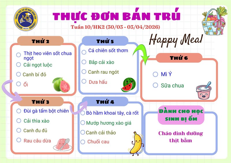Thực đơn bán trú tuần 10 - HK2 (30/3/2026 - 3/4/2026)