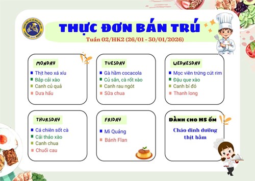 Thực đơn bán trú tuần 02 - HK2 (26/01/2026 - 30/01/2026)