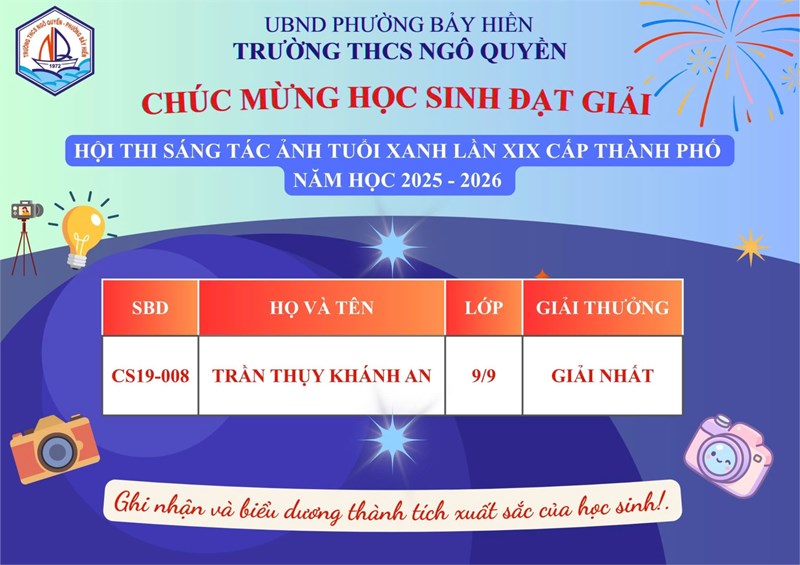Chúc mừng học sinh đạt giải Nhất Hội thi Sáng tác ảnh cấp TP 2025–2026
