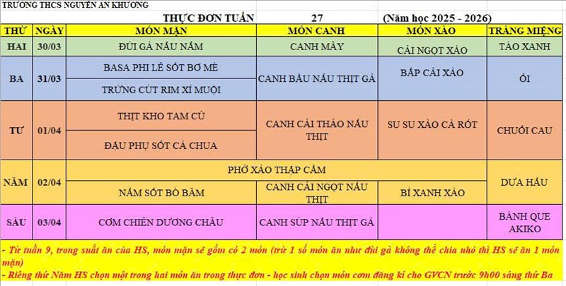 Thực đơn bán trú tuần 27