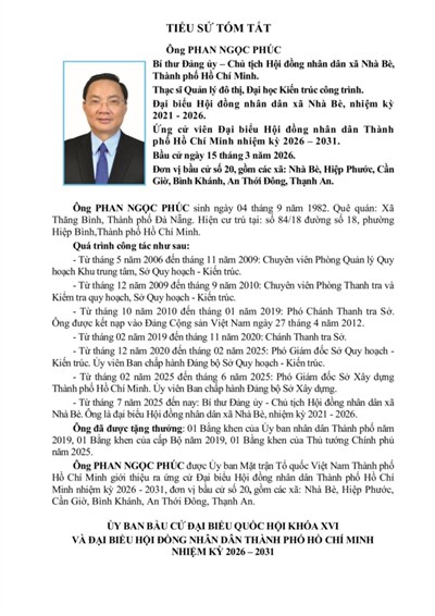 Tóm tắt tiểu sử ông Phan Ngọc Phúc ứng cử Đại biểu Hội đồng nhân dân TP. Hồ Chí Minh Khóa XI