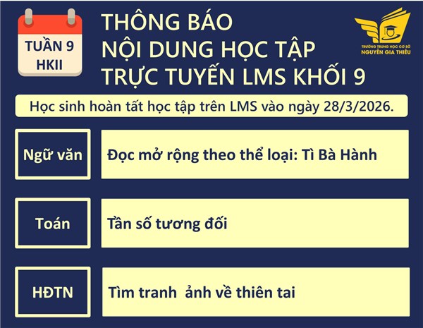 Nội dung học tập trực tuyến LMS tuần 9 - Học Kỳ 2 (Từ 22/3/2026 đến 28/3/2026)