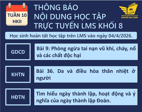 Nội dung học tập trực tuyến LMS tuần 10 - Học Kỳ 2 (Từ 30/3/2026 đến 04/04/2026)