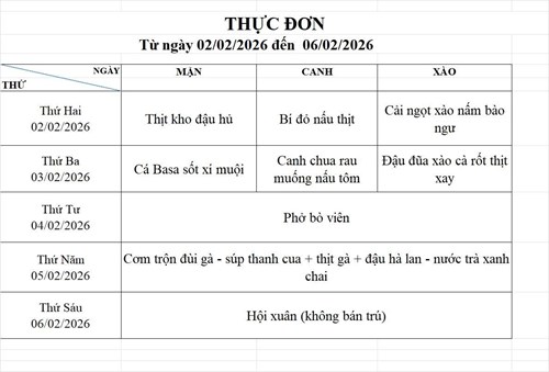 Thực đơn bán trú tuần 22