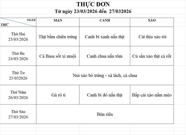 Thực đơn bán trú tuần 29