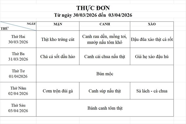 Thực đơn bán trú tuần 30