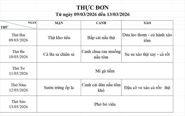 Thực đơn bán trú tuần 27