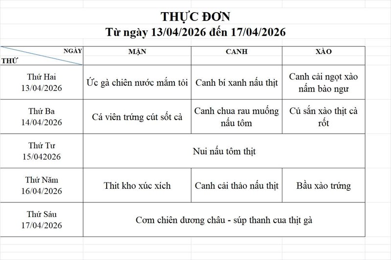 Thực đơn bán trú tuần 32