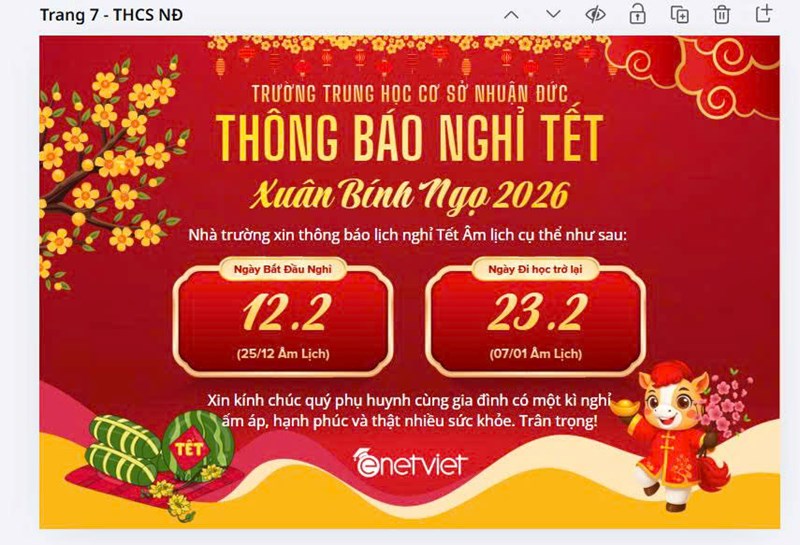 Thông báo nghỉ Tết Nguyên đán Bính Ngọ 2026 và ngày đi học trở lại của học sinh Trường THCS Nhuận Đức