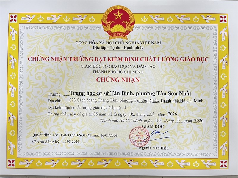 Trường THCS Tân Bình đạt kiểm định chất lượng giáo dục cấp độ 1
