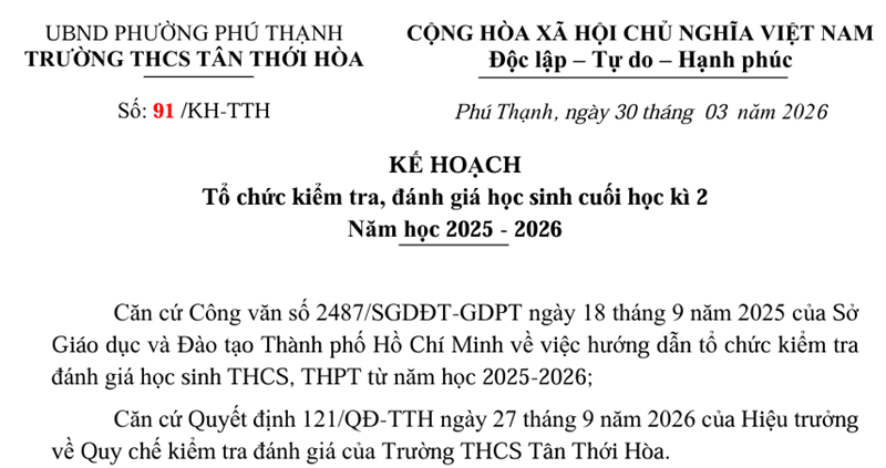 Trường THCS thông báo   KẾ HOẠCH KIỂM TRA, ĐÁNH GIÁ HỌC SINH CUỐI HỌC KÌ 2 NĂM HỌC 2025-2026