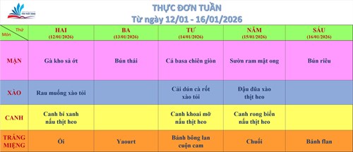 Kính gửi quý thầy cô, quý cha mẹ học sinh thực đơn bán trú (từ ngày 12/01/2026 đến ngày 16/01/2026)