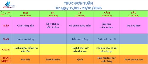 Kính gửi quý thầy cô, quý cha mẹ học sinh thực đơn bán trú (từ ngày 19/01/2026 đến ngày 23/01/2026)