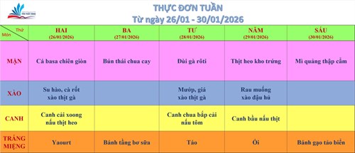 Kính gửi quý thầy cô, quý cha mẹ học sinh thực đơn bán trú (từ ngày 26/01/2026 đến ngày 30/01/2026)