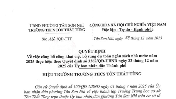 Quyết định công bố công khai việc bổ sung dự toán ngân sách nhà nước năm 2025 thực hiện theo Quyết định số 3362/QĐ-UBND ngày 22 tháng 12 năm 2025 của UBND Thành phố