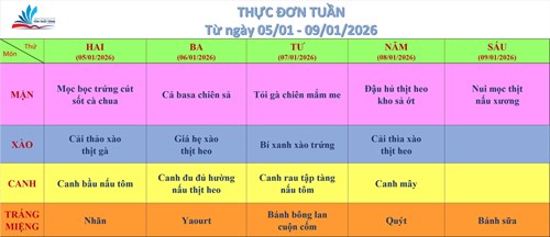 Kính gửi quý thầy cô, quý cha mẹ học sinh thực đơn bán trú (từ ngày 05/01/2026 đến ngày 09/01/2026)