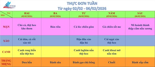 Kính gửi quý thầy cô, quý cha mẹ học sinh thực đơn bán trú (từ ngày 02/02/2026 đến ngày 06/02/2026)