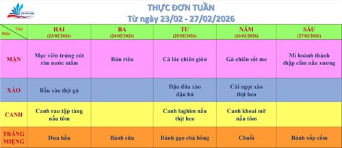 Kính gửi quý thầy cô, quý cha mẹ học sinh thực đơn bán trú (từ ngày 23/02/2026 đến ngày 27/02/2026)
